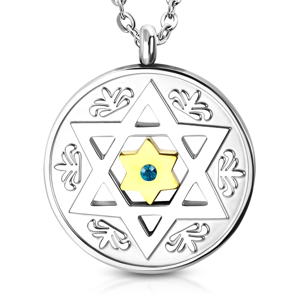 Star of David Round Men's Blue CZ Stainless Steel Necklace