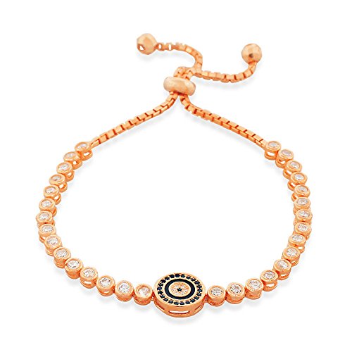 925 Sterling Silver Rose Gold-Tone White Bezel-Set CZ Evil Eye Womens Link Chain Bracelet