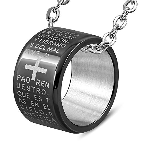 Stainless Steel Silver-Tone Blue Padre Nuestro Prayer Spanish Ring Pendant Necklace