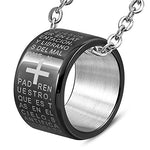 Stainless Steel Silver-Tone Blue Padre Nuestro Prayer Spanish Ring Pendant Necklace
