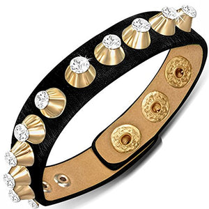 Black Faux PU Leather Gold Alloy CZ Spikes Snap Wristband Adjustable Bracelet