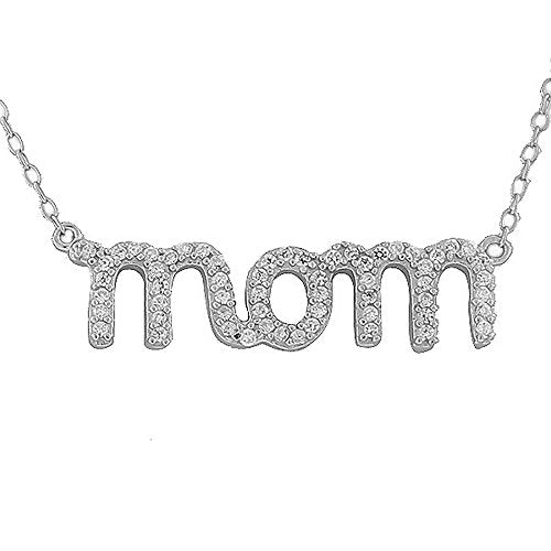 925 Sterling Silver Mom Mother Charm White CZ Pendant Necklace