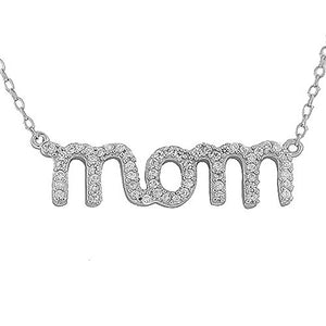 925 Sterling Silver Mom Mother Charm White CZ Pendant Necklace