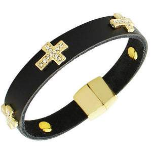 Fashion Alloy Black Leather Yellow Gold-Tone White CZ Cross Religious Wristband Wrap Bracelet