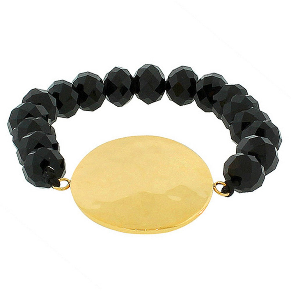 Stainless Steel Black Beads Round Hammered Finish Yellow Gold-Tone Beaded Stretch Bracelet