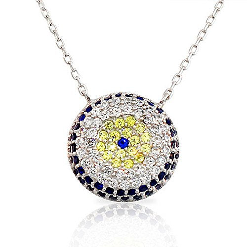 925 Sterling Silver Yellow Gold-Tone Womens Evil Eye Hamsa Blue White CZ Pendant Necklace