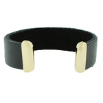 Fashion Alloy Black Leather Yellow Gold-Tone White CZ Open End Bracelet