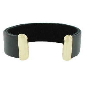 Fashion Alloy Black Leather Yellow Gold-Tone White CZ Open End Bracelet