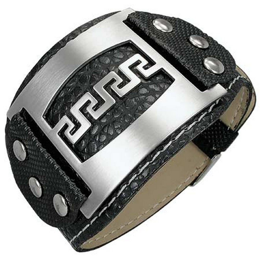 Stainless Steel Faux PU Leather Black Silver-Tone Greek Key Mens Bracelet