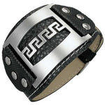 Stainless Steel Faux PU Leather Black Silver-Tone Greek Key Mens Bracelet