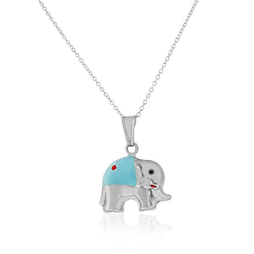 925 Sterling Silver 3D Blue White Enamel Elephant Charm Pendant Necklace