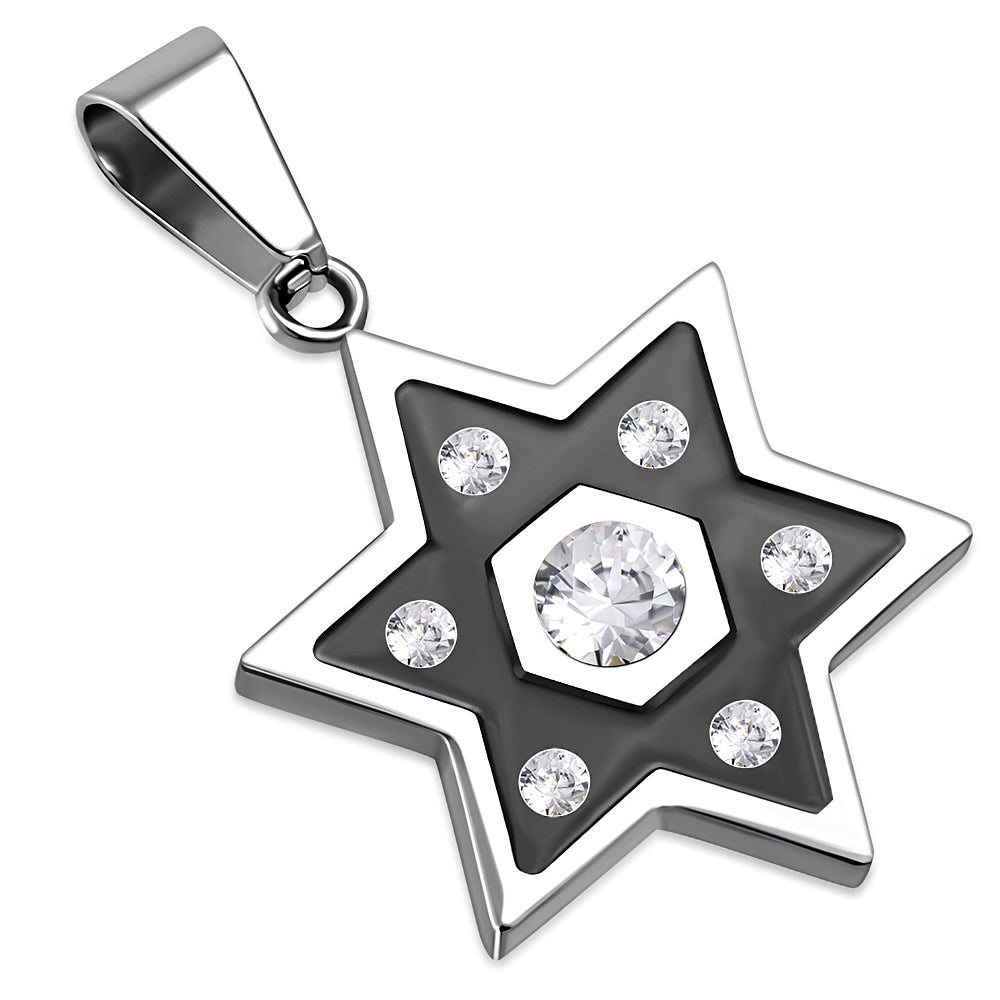 Stainless Steel Two-Tone Silver Black White Clear CZ Jewish Star of David Pendant Necklace