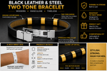 Stainless Steel Black Leather Yellow Gold-Tone Silver-Tone Men's Bracelet