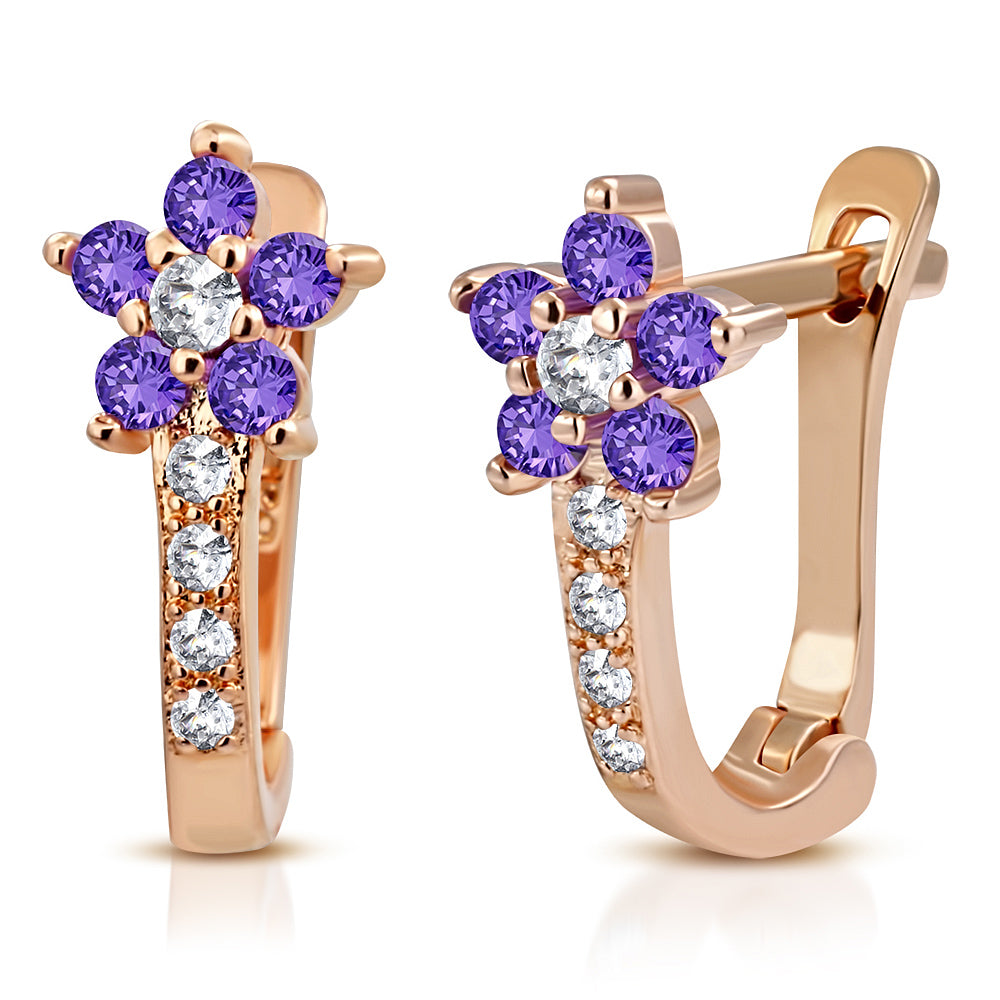 925 Sterling Silver Rose Gold-Tone Purple CZ Floral Flower Hoop Huggie Earrings, 0.45"