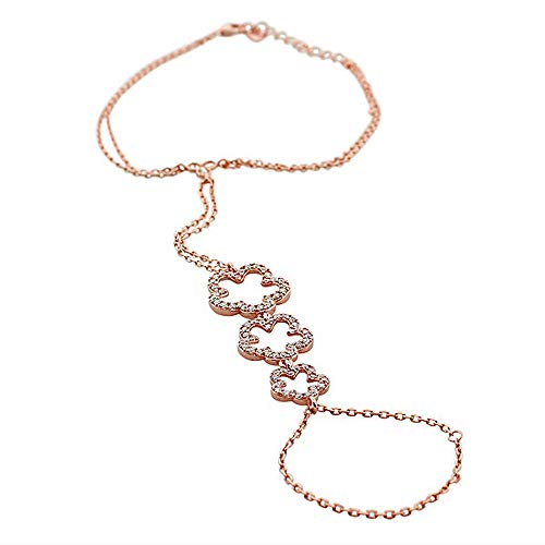 925 Sterling Silver Rose Gold-Tone Flower Clover White CZ Hand Jewelry Ring Link Chain Bracelet