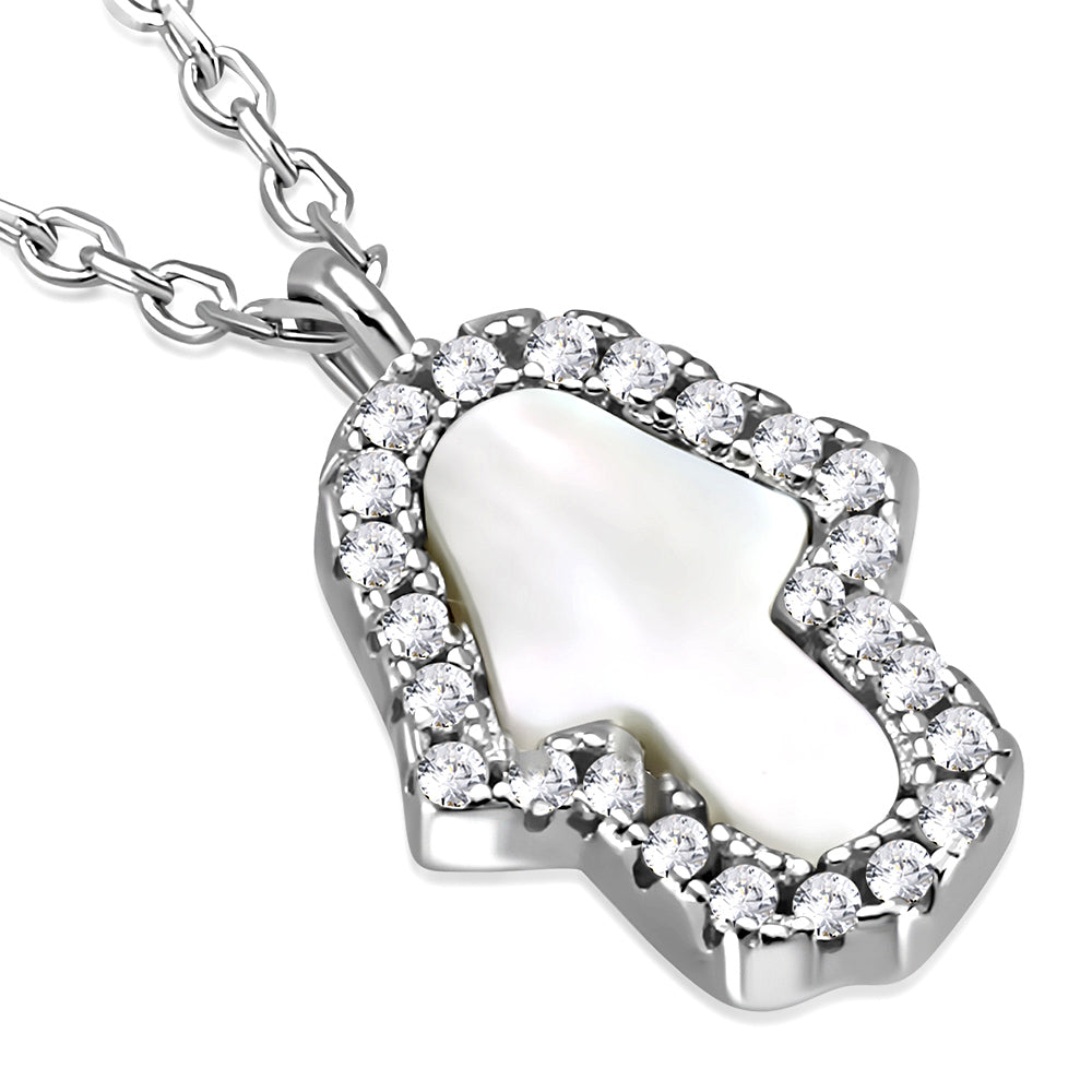 925 Sterling Silver Simulated Mother of Pearl Clear CZ Hamsa Pendant Necklace, 18"