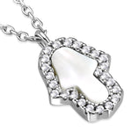 925 Sterling Silver Simulated Mother of Pearl Clear CZ Hamsa Pendant Necklace, 18"