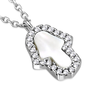 925 Sterling Silver Simulated Mother of Pearl Clear CZ Hamsa Pendant Necklace, 18"