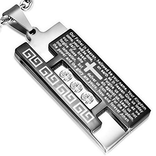 Stainless Steel Silver-Tone Black Cross Lord's Prayer English Necklace