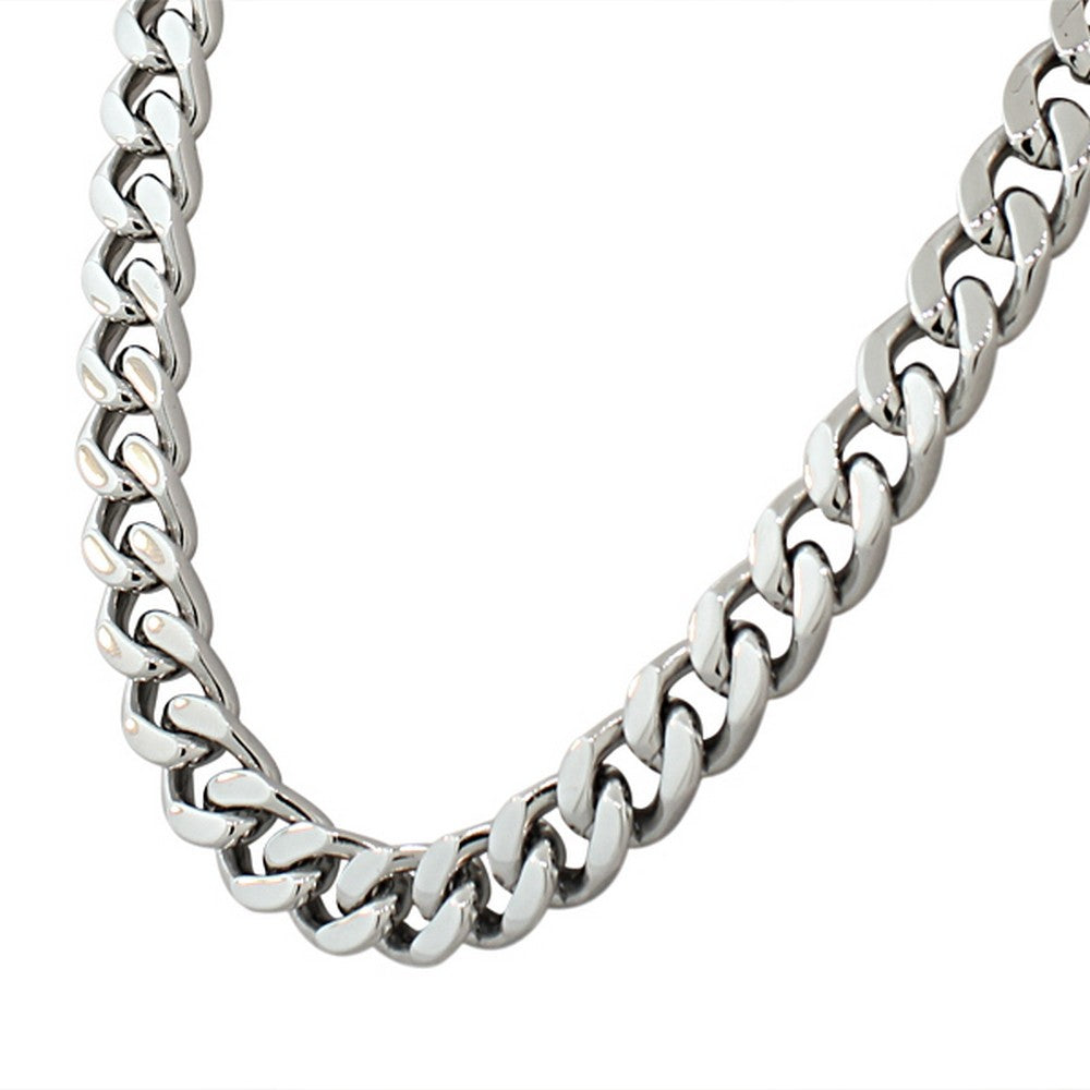 Stainless Steel Silver-Tone Mens Classic Cuban Link Chain Necklace Bracelet Set