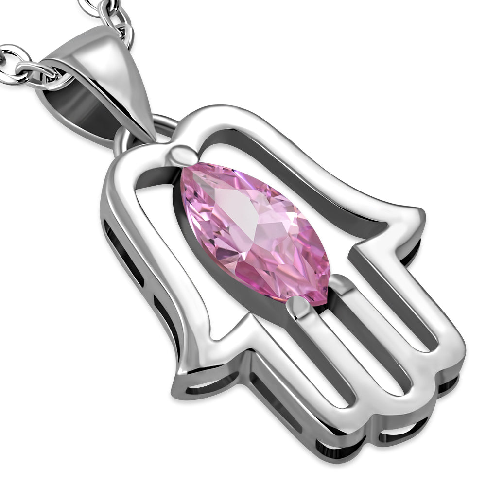 Pear Stone Hamsa Necklace Pendant Sterling Silver Cubic Zirconia