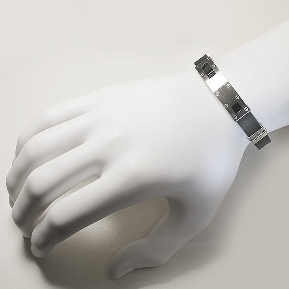 Stainless Steel Black Rubber Silicone Silver-Tone Men's Bracelet