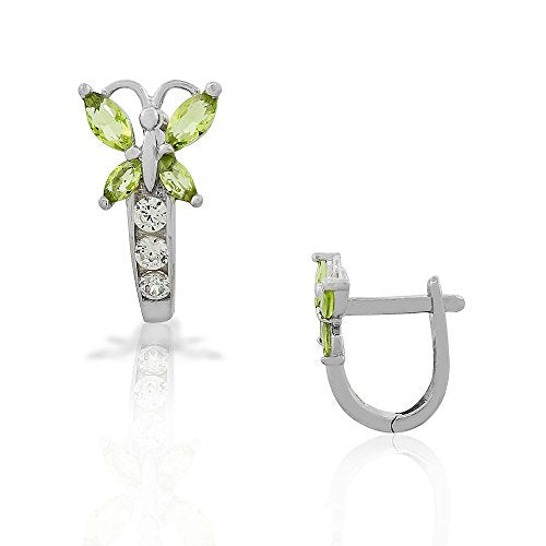 925 Sterling Silver Green Emerald-Tone CZ Butterfly Hoop Huggie Small Earrings