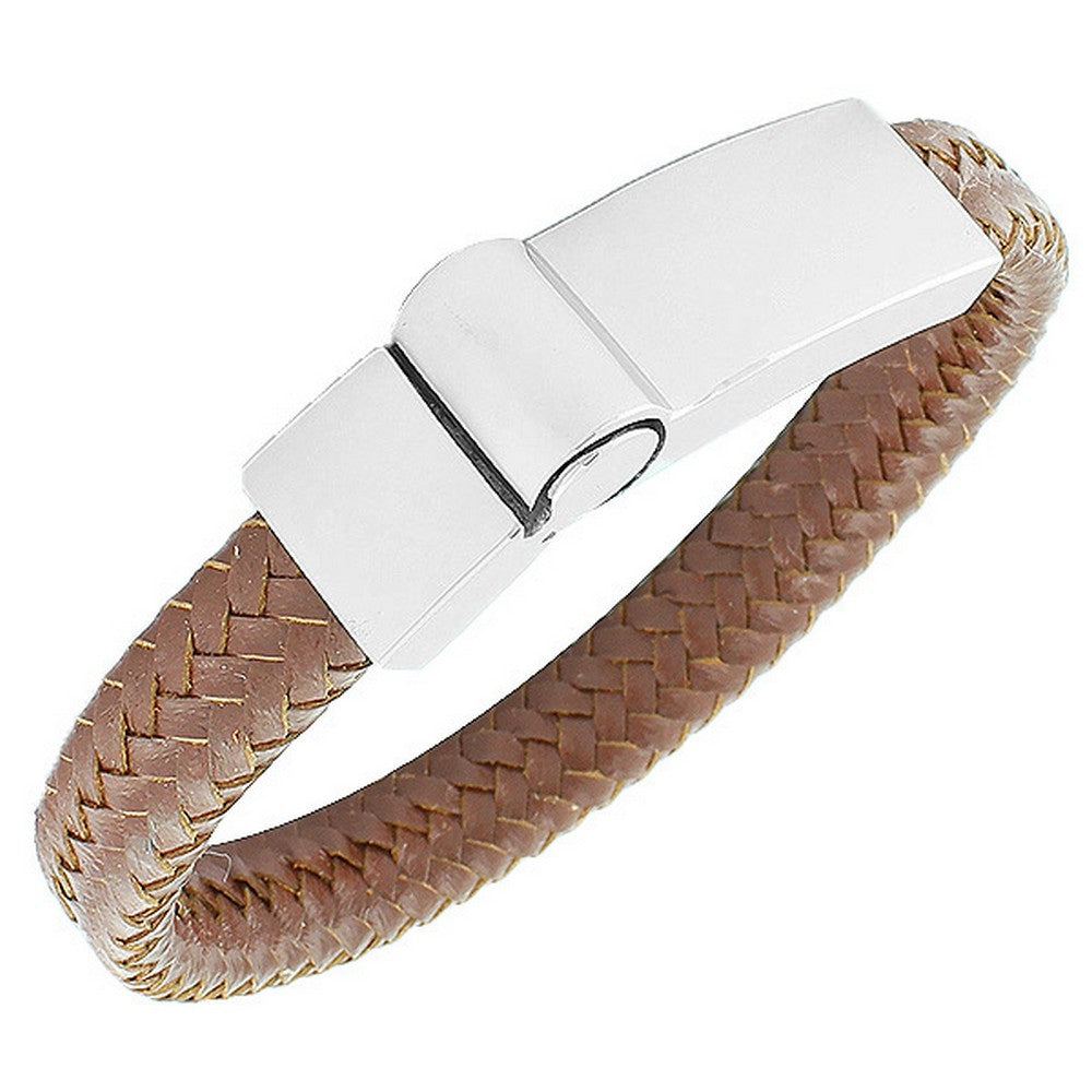 Stainless Steel Brown Leather Silver-Tone Braided Men's Bracelet