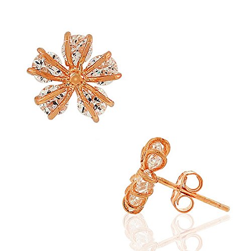 Sterling Silver Yellow Gold-Tone White CZ Womens Flower Floral Design Stud Earrings