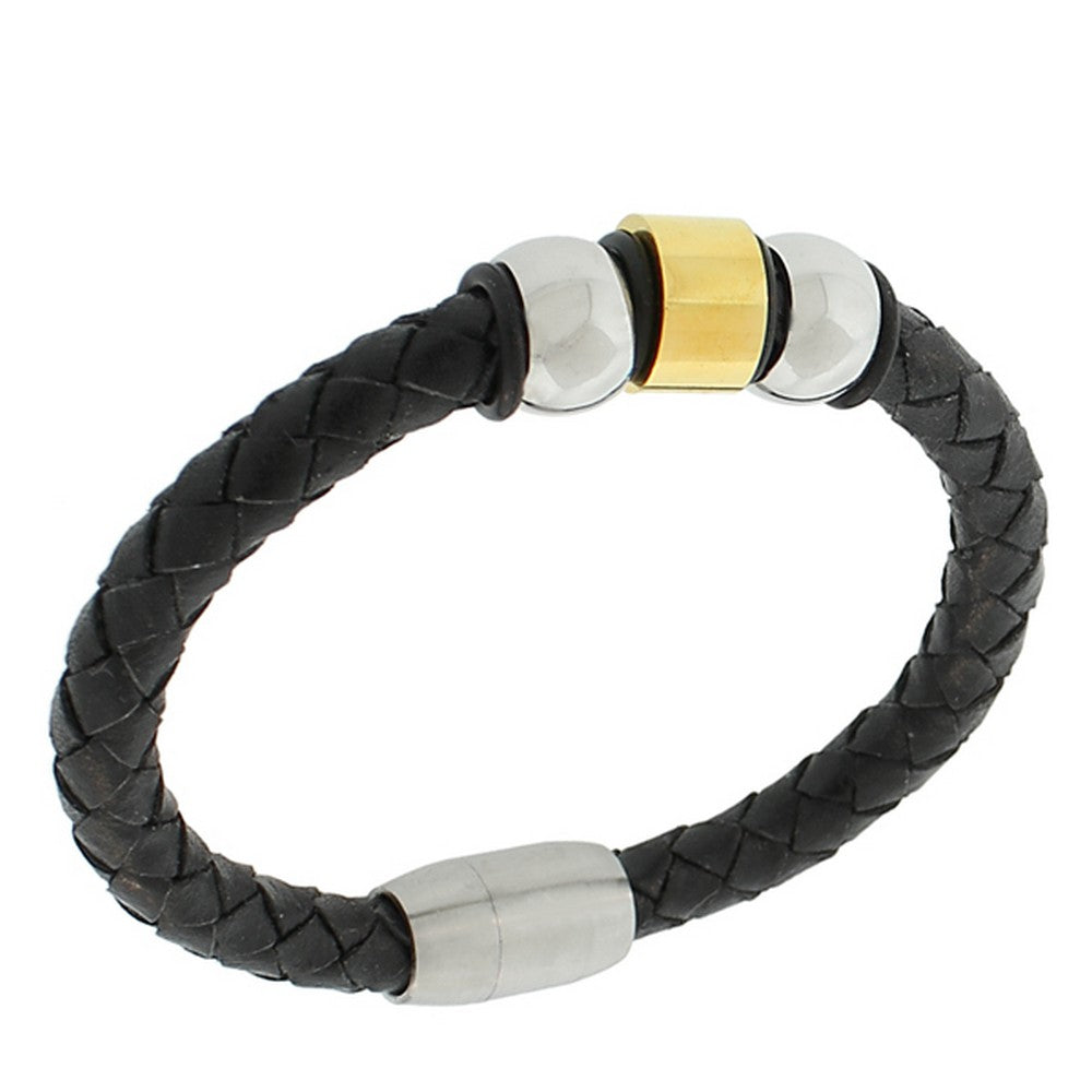 Stainless Steel Black Leather Two-Tone Wristband Men's Bracelet