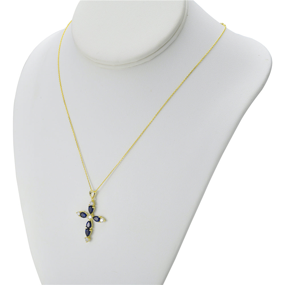 My Daily Styles 925 Sterling Silver Cross with Created Sapphire and CZ Stones Pendant Necklace- Adjustable Chain 16"-18"