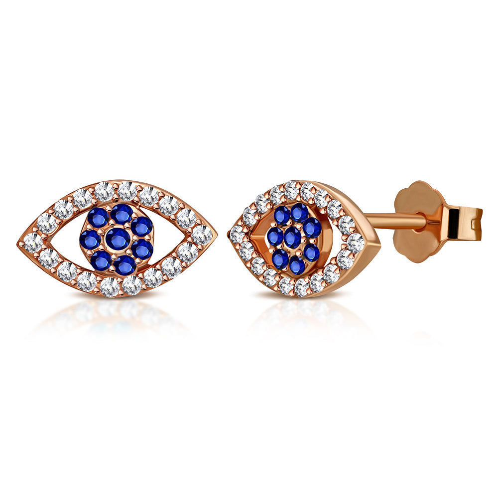 925 Sterling Silver Rose Gold-Tone Blue White CZ Evil Eye Hamsa Womens Girls Stud Earrings