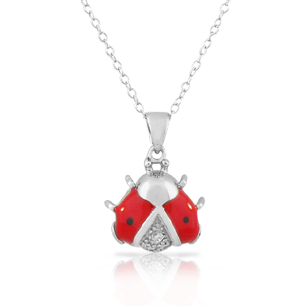 925 Sterling Silver White CZ Womens Red Ladybug Pendant Necklace