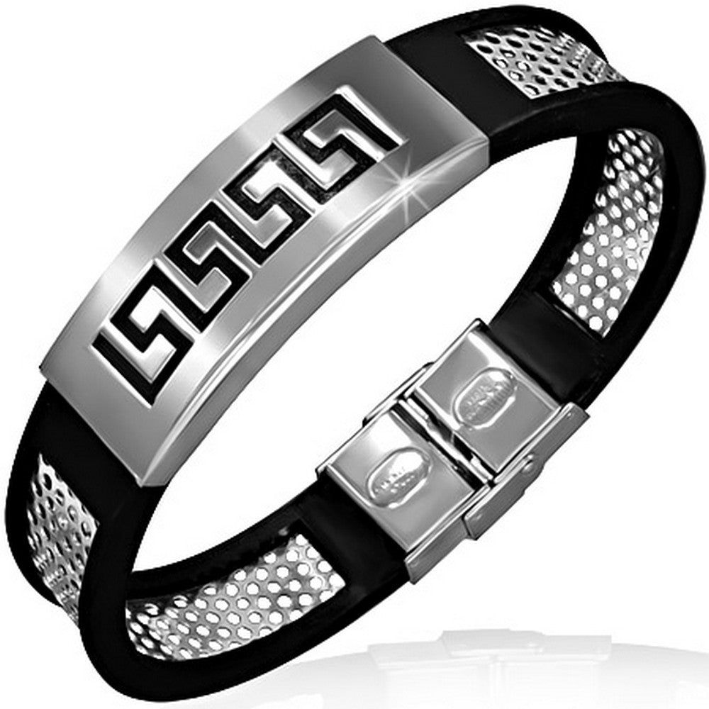 Stainless Steel Black Rubber Silicone Silver-Tone Greek Key Mens Bracelet