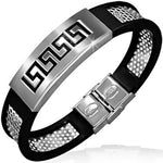 Stainless Steel Black Rubber Silicone Silver-Tone Greek Key Mens Bracelet