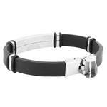 Stainless Steel Black Rubber Silicone Silver-Tone White CZ Mens Bracelet