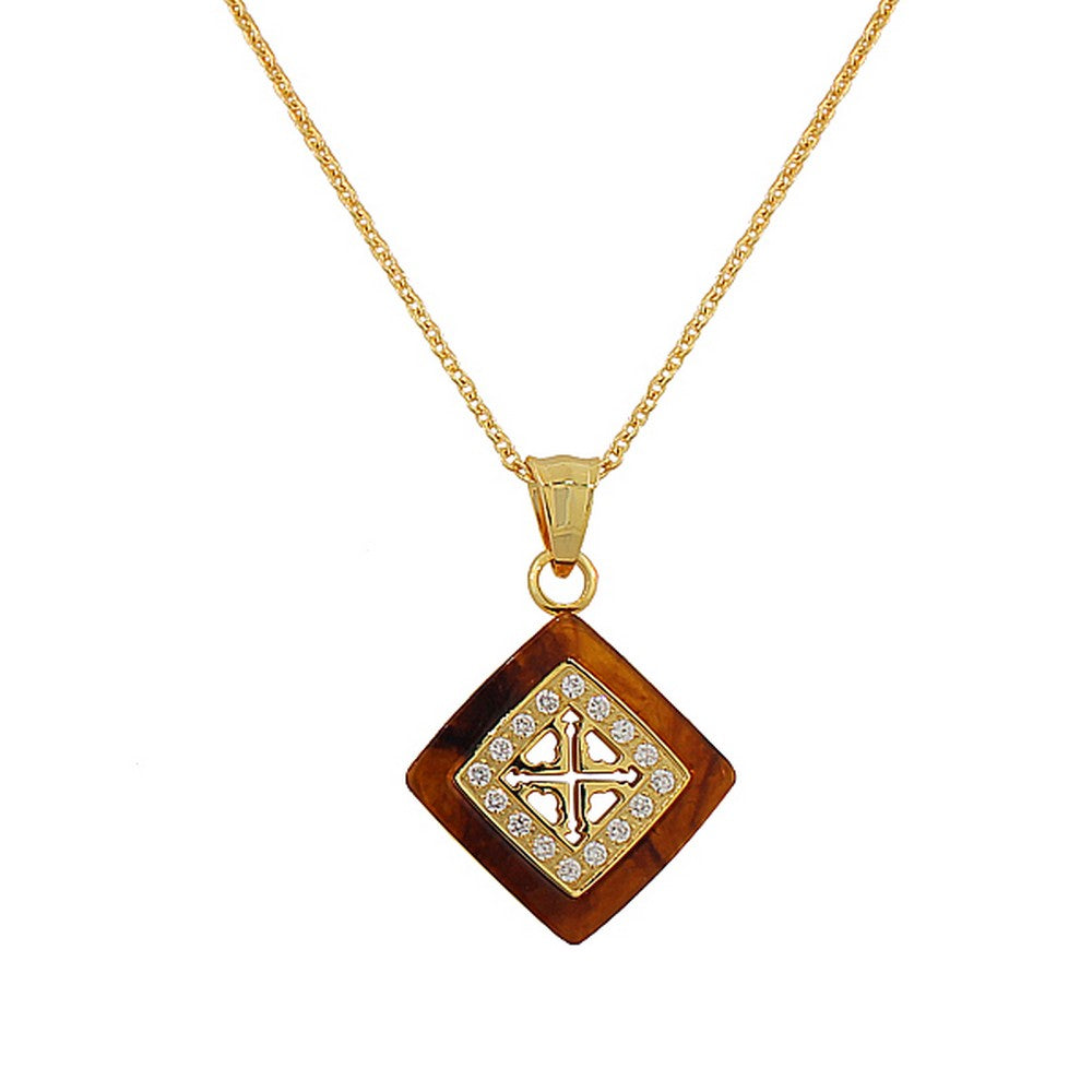 Stainless Steel Yellow Gold-Tone Simulated Amber White CZ Pendant Necklace