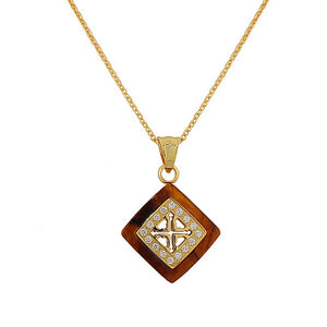 Stainless Steel Yellow Gold-Tone Simulated Amber White CZ Pendant Necklace