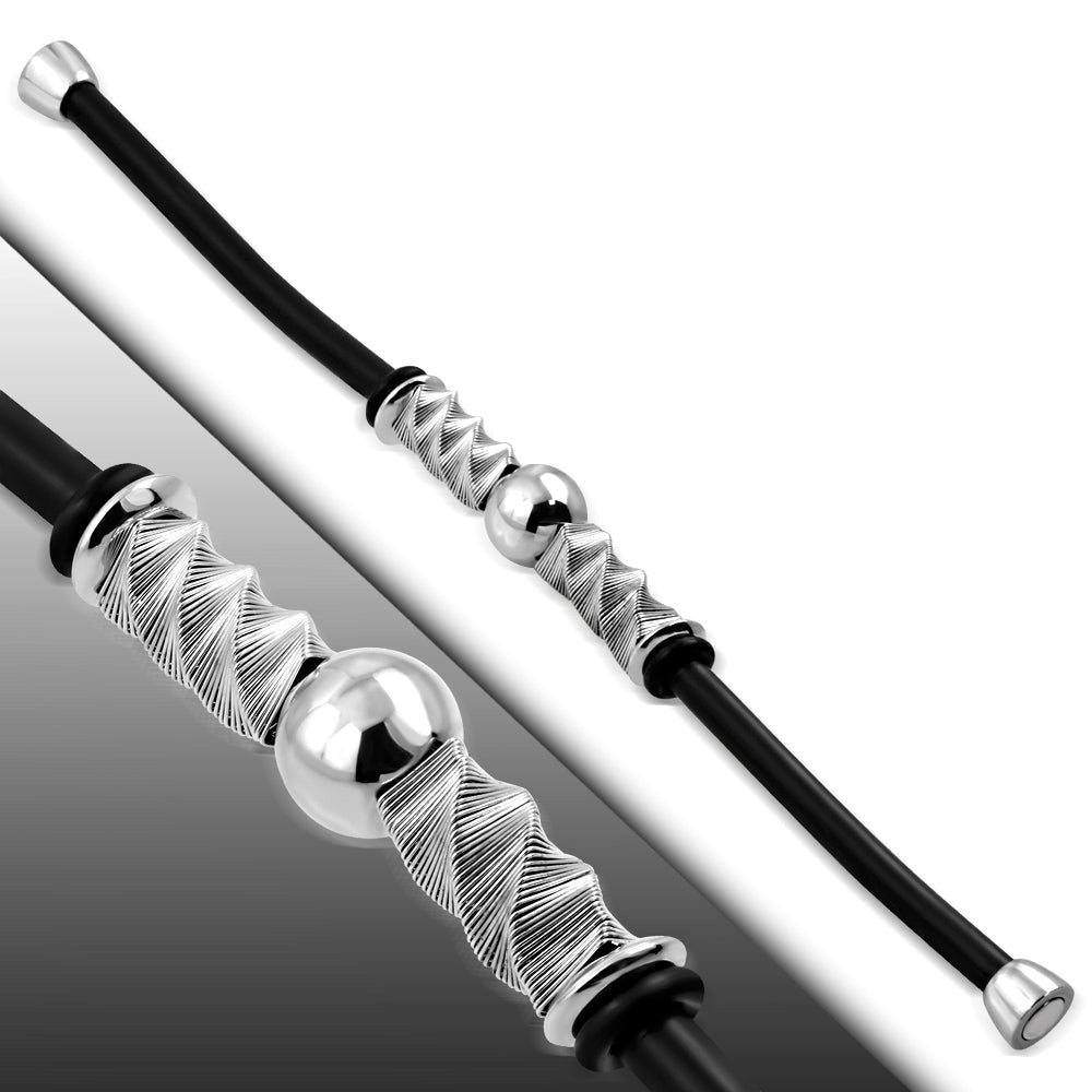 Stainless Steel Silver-Tone Black Rubber Mens Bracelet