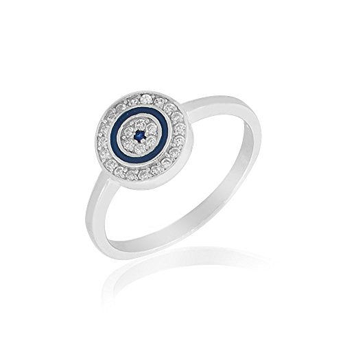 925 Sterling Silver White Clear CZ Blue Enamel Evil Eye Protection Ring Band
