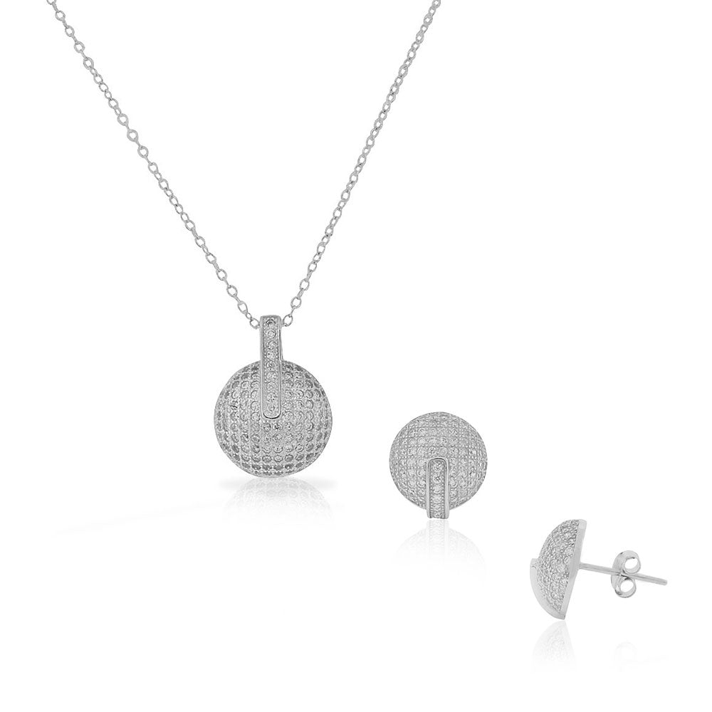 Sterling Silver White Clear CZ Round Stud Earrings Pendant Necklace Set