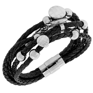 Fashion Alloy Black Faux PU Leather Silver-Tone Multi-Row Layer Bracelet