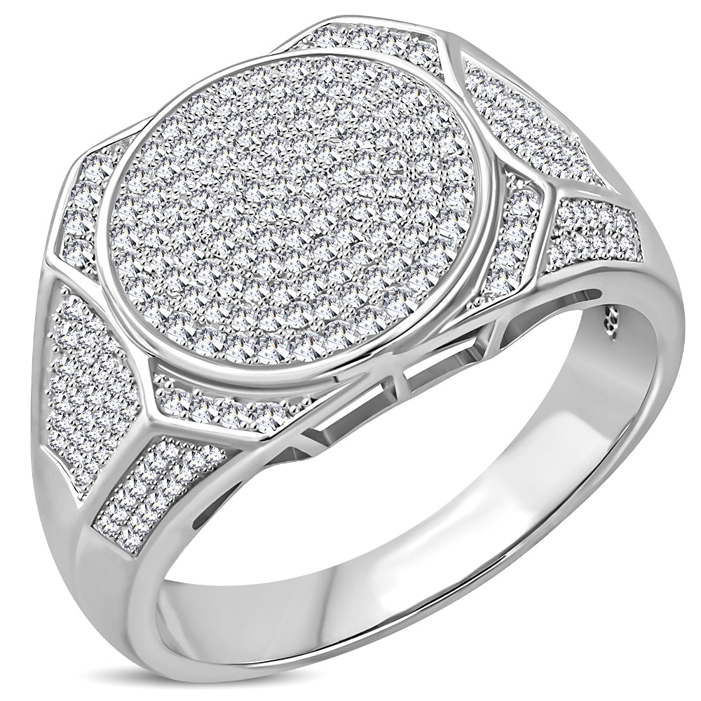 My Daily Styles 925 Sterling Silver Men's Silver-Tone Micro Pave White CZ Stone Round Face Geometric Signet Style Ring