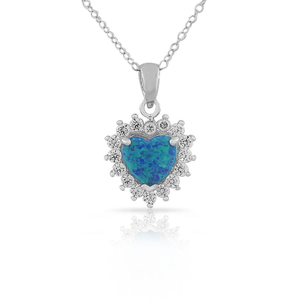 925 Sterling Silver Womens CZ Blue Turquoise-Tone Love Heart Simulated Opal Pendant Necklace