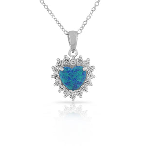 925 Sterling Silver Womens CZ Blue Turquoise-Tone Love Heart Simulated Opal Pendant Necklace