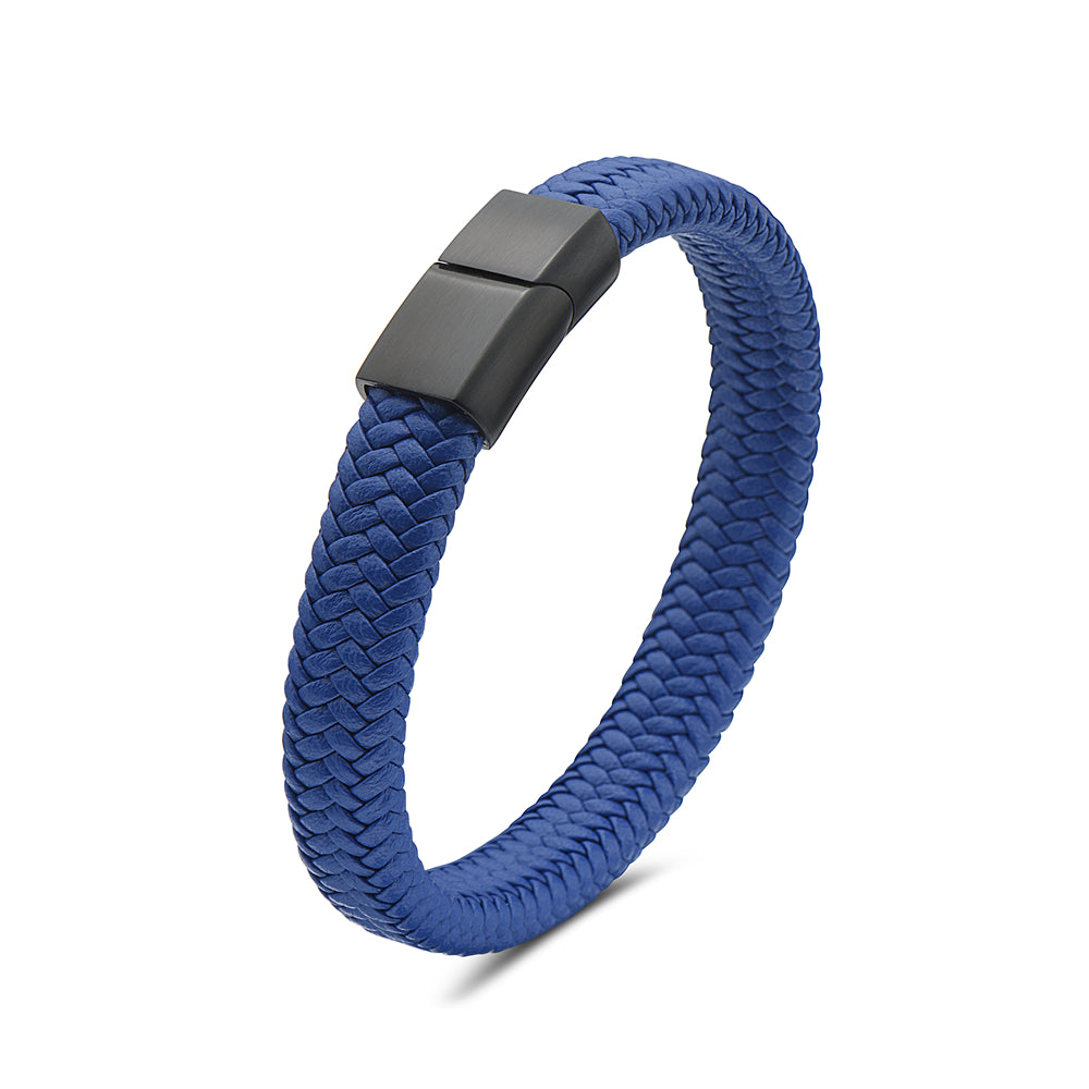 Mens Blue Genuine Leather Bracelet with Stainless Steel Magnetic Lock