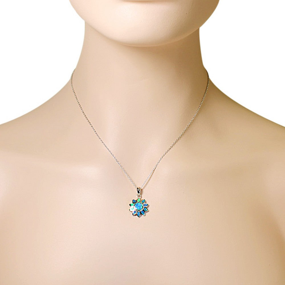 925 Sterling Silver Blue Turquoise-Tone Simulated Opal Flower Floral Womens Pendant Necklace