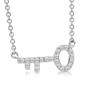 925 Sterling Silver Horizontal Sideways Key White CZ Pendant Necklace