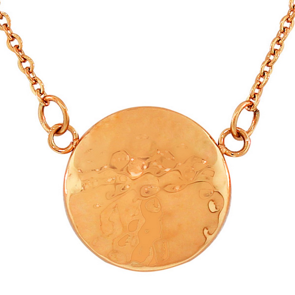 Stainless Steel Rose Gold-Tone Hammered Finish Round Circle Pendant Necklace