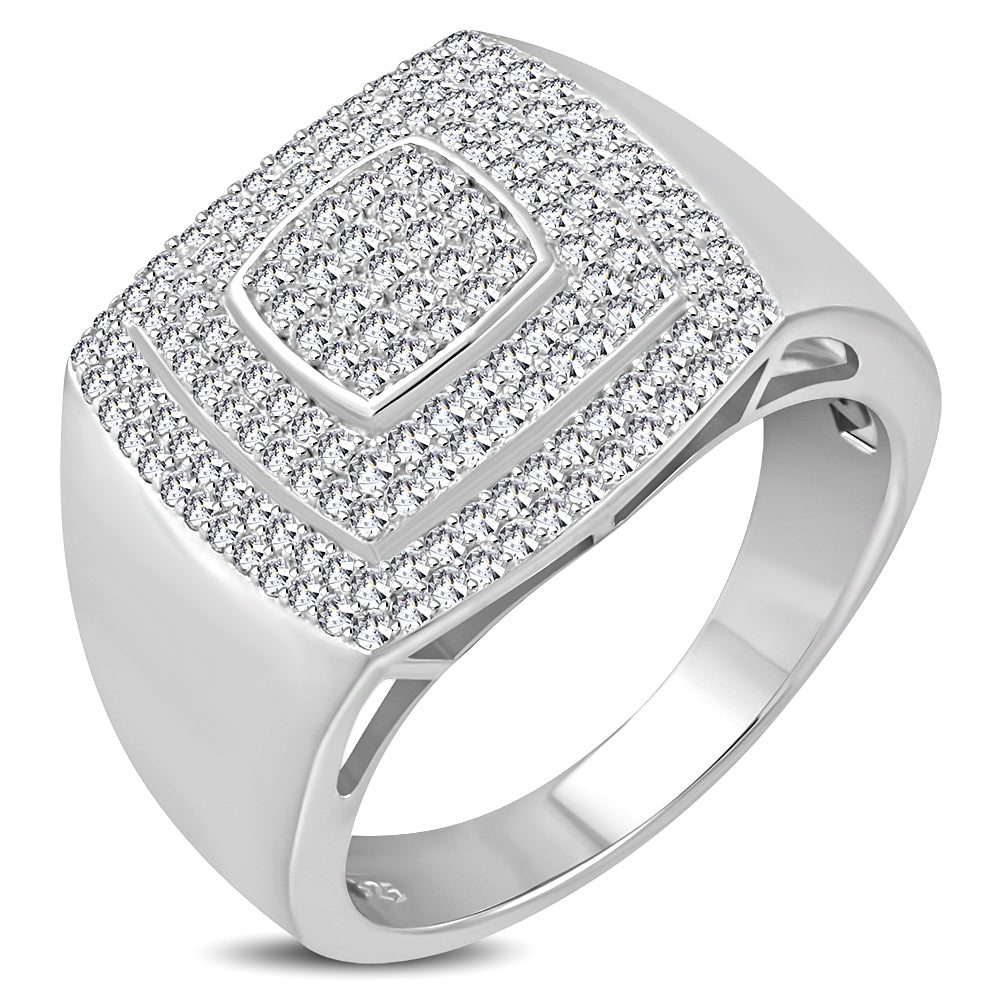 My Daily Styles 925 Sterling Silver Men's Silver-Tone Micro Pave White CZ Stone Square Layered Signet Style Ring